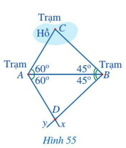 BÀI 6: TRƯỜNG HỢP BẰNG NHAU THỨ HAI CỦA TAM GIÁC:GÓC – CẠNH – GÓCI. Trường hợp bằng nhau góc – cạnh – góc (g.c.g)Bài 1: Cho hai tam giác ABC và A B'C' thỏa mãn BC = B'C'=3cm, B=B'=600, C=500, A'=700. Hai tam giác ABC và A'B'C' có bằng nhau không? Vì sao?Đáp án chuẩn:Bằng nhauBài 2: Giải thích cho bài toán ở phần mở đầuCó ba trạm quan sát A, B, C trong đó trạm quan sát C ở giữa hồ. Người ta muốn đo khoảng cách từ A và từ B đến C. Do không thể đo trực tiếp được các khoảng cách trên nên người ta làm như sau…Đáp án chuẩn:AC = AD, BC = BD II. Áp dụng vào trường hợp bằng nhau về cạnh góc vuông (hoặc cạnh huyền) và góc nhọn của tam giác vuôngIII. Bài tập