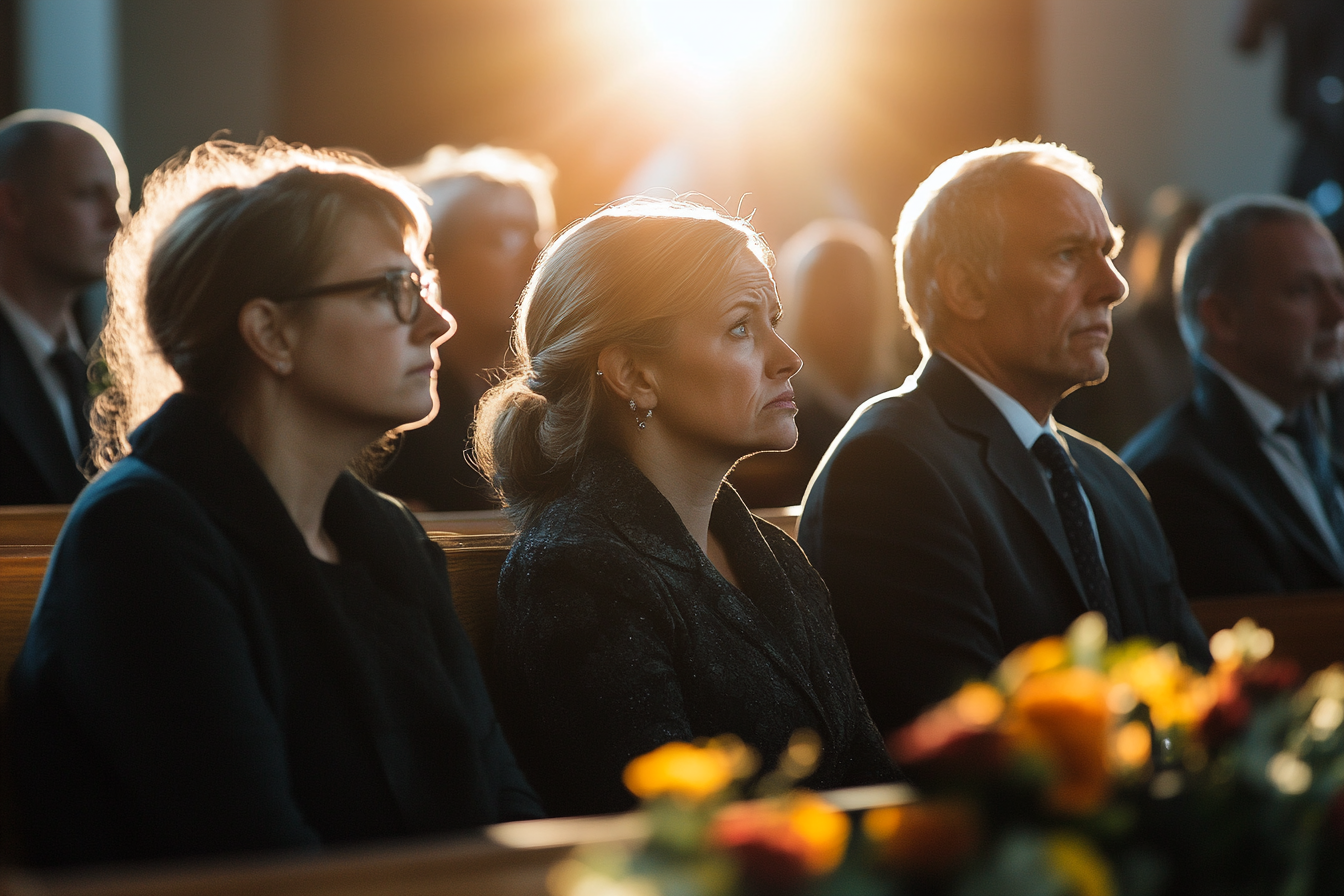 Serious people at a funeral in a chapel | Source: Midjourney