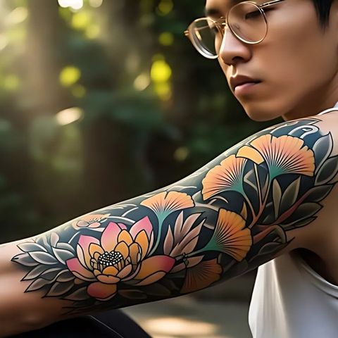 Ginkgo with Lotus Flower Tattoo