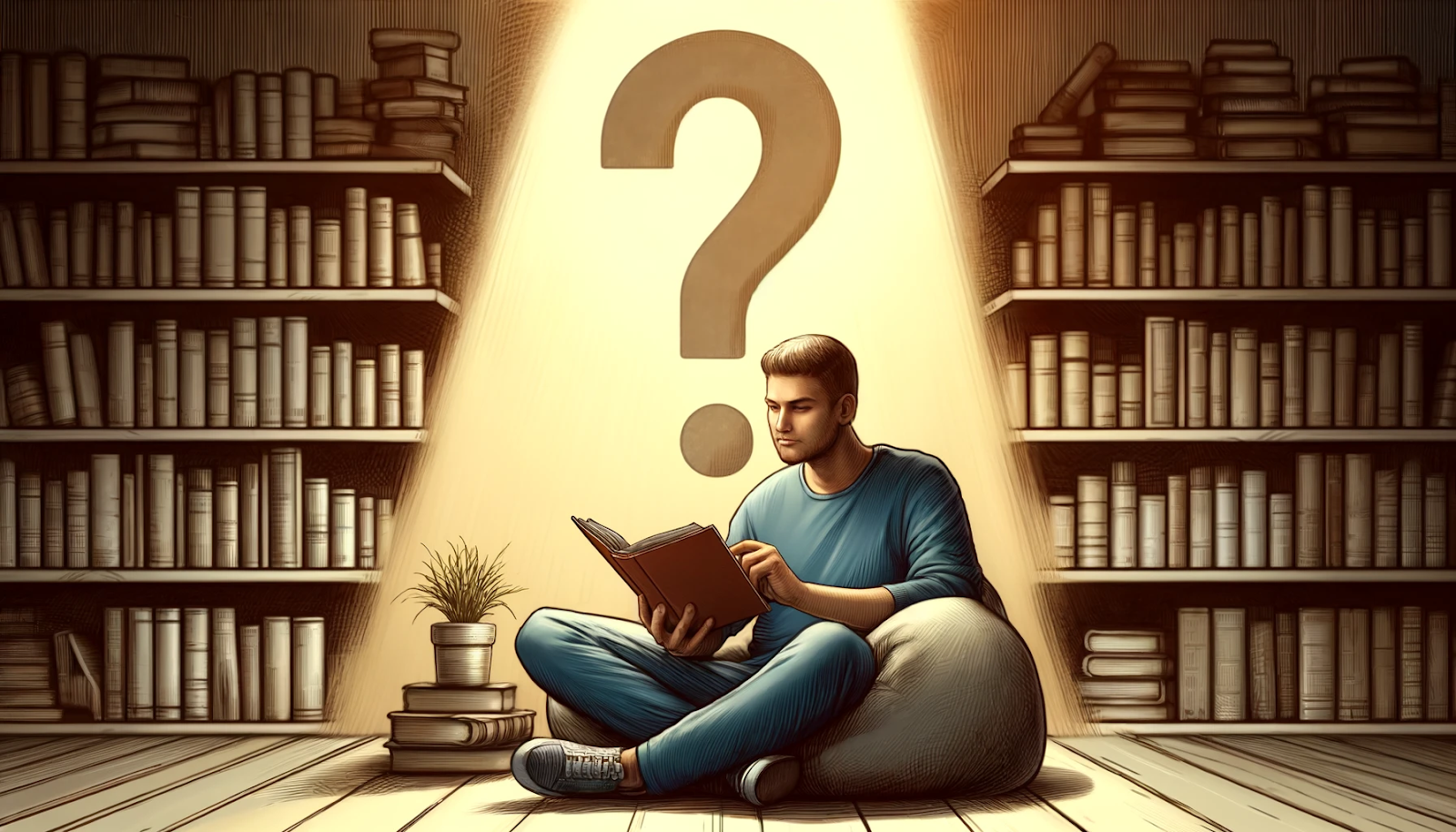 A thoughtful man sits cross-legged on a library floor, reading against a bean bag. Shelves of books line the walls, and a softly lit question mark overhead symbolizes curiosity. Nearby, a potted plant and stacked books add to the cozy, introspective mood.