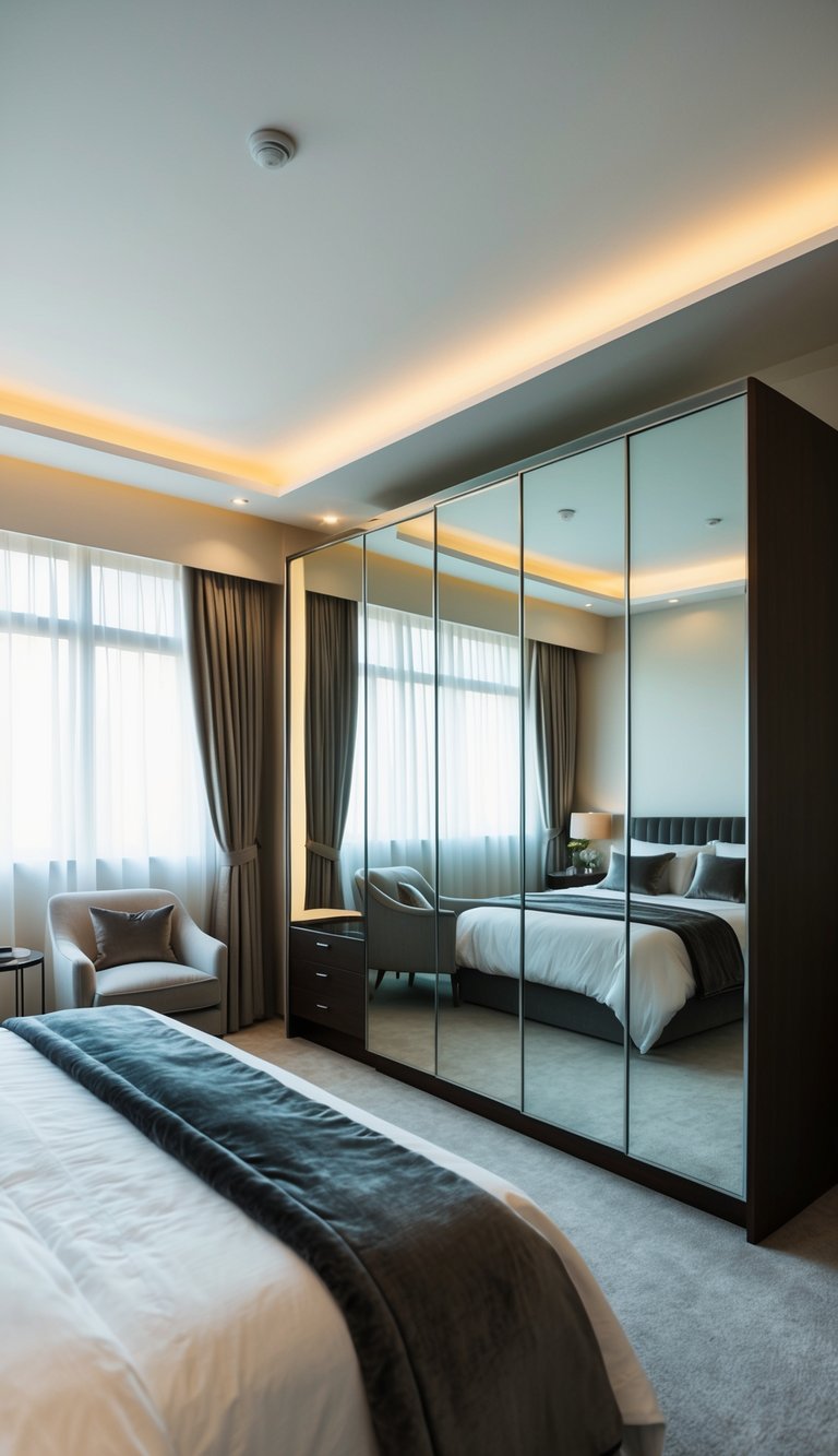 A spacious master bedroom with a mirrored wardrobe, elegant and modern, with soft lighting and a cozy atmosphere for couples