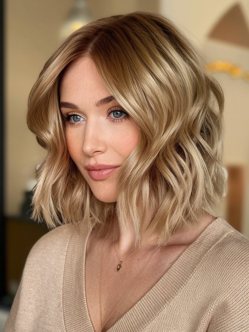 26. Warm Honey Blonde Wavy Bob