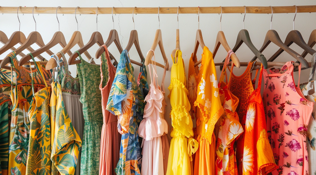 Various summer dresses hanging on a rack, showcasing light, breezy fabrics and stylish designs for the perfect warm-weather wardrobe.