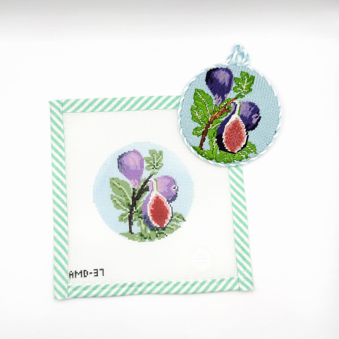 Hand-painted fig tree needlepoint canvas from Atlantic Blue featuring lush green leaves and ripe figs
