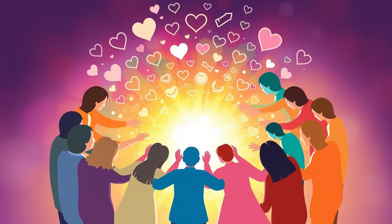 A group of people standing in a circle with their arms outstretched towards the center, surrounded by a glowing aura. The aura is filled with symbols of friendship such as hearts, handshakes, and smiles. Each person in the circle has a unique but complementary color scheme, symbolizing their different backgrounds and personalities coming together in harmony.