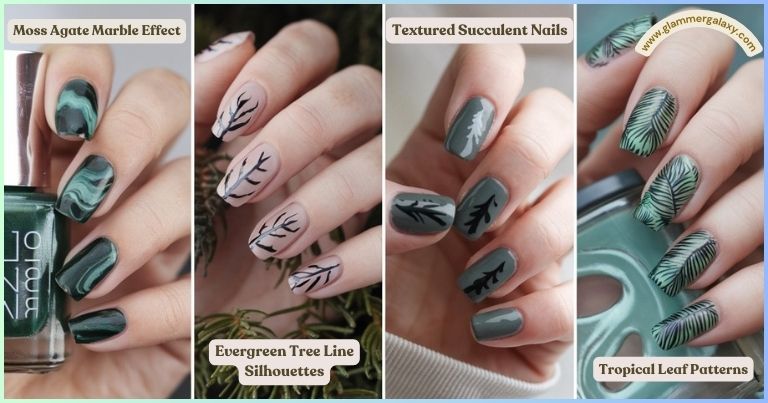 Collage of four photos showcasing nature-inspired nail art designs with descriptive labels.