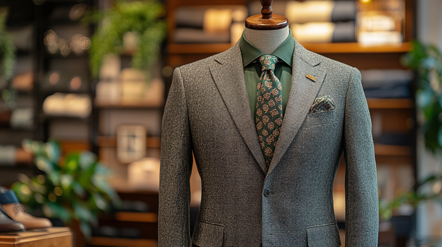 A mannequin dressed in an ash gray suit with a soft, muted green shirt, styled for daytime elegance. The accessories include a patterned green tie, a coordinating pocket square, and tan leather dress shoes. The background is a bright, airy showroom with natural light accentuating the outfit's soft tones.