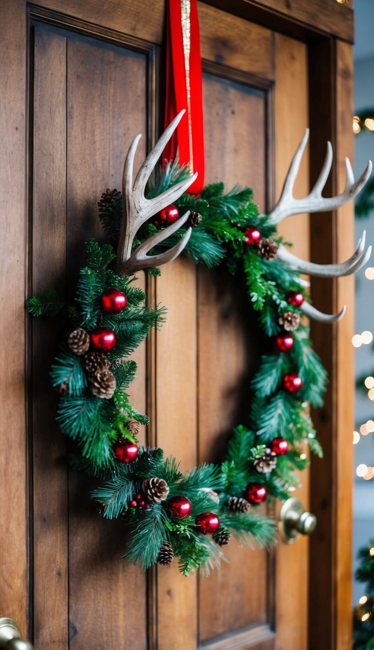 A reindeer antler wreath hangs on a rustic wooden door, adorned with festive greenery and red ribbon