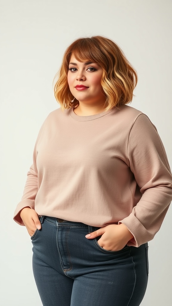 A woman with short shag hairstyle and textured layers, wearing a pale pink sweater and blue jeans, posing confidently.
