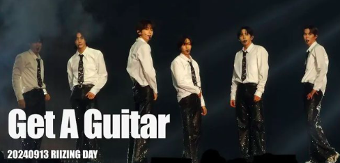 This contains an image of RIIZE group members During their performance of "Get A Guitar,"