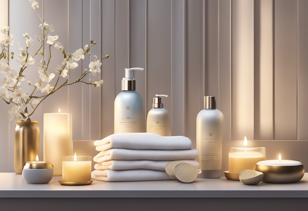 A serene spa setting with luxurious skincare products, soft lighting, and calming decor