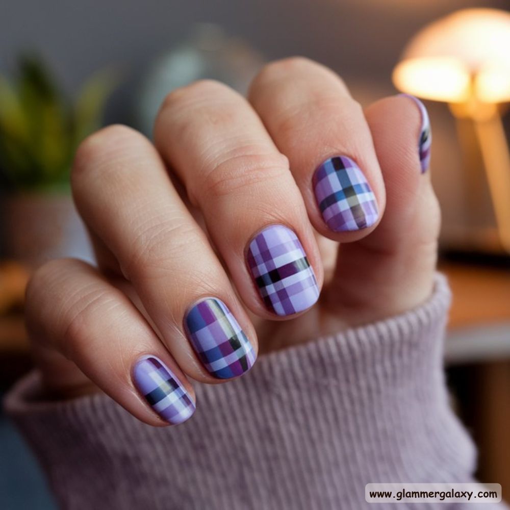 Purple Fall Nails having Cozy Plaid Designs
