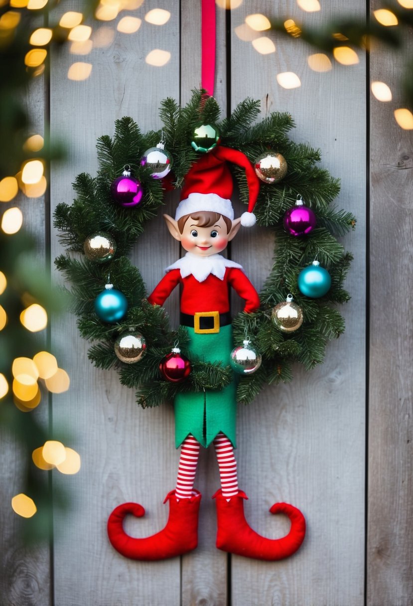 A whimsical elf wreath hanging on a rustic wooden door with colorful ribbons and sparkling ornaments