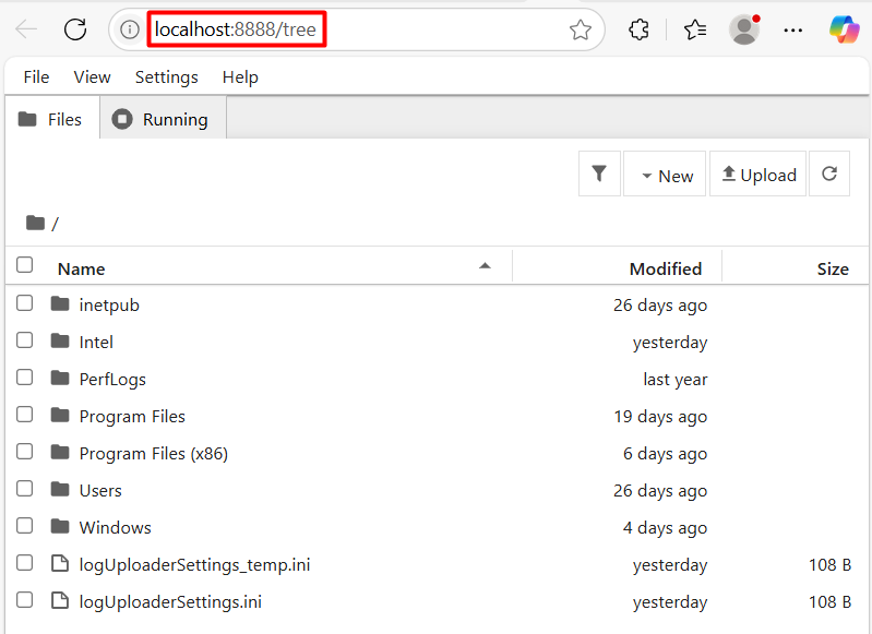 Jupyter Notebook dashboard running on localhost