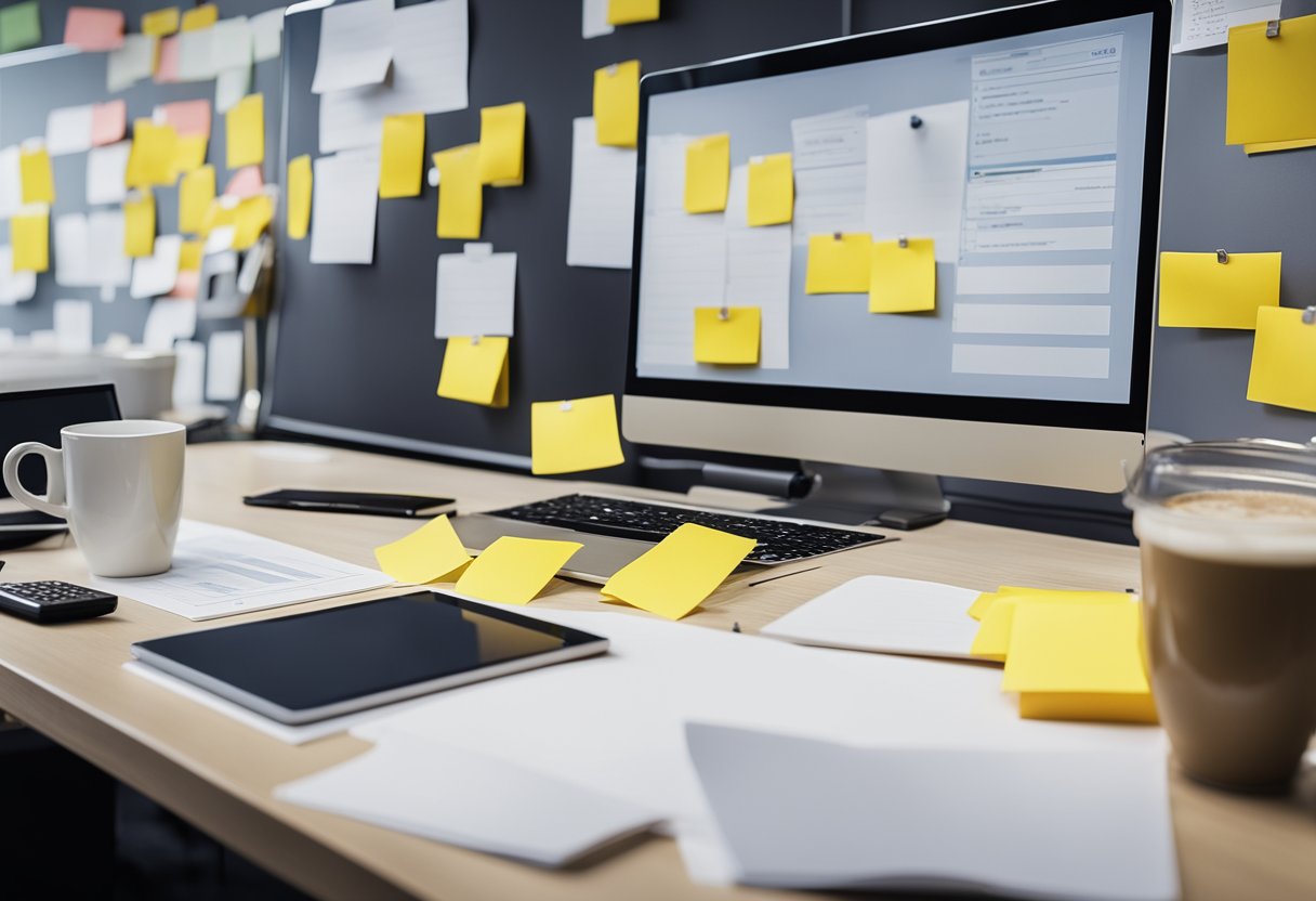 A cluttered desk with a laptop, notebook, and pen. A whiteboard with a detailed link building framework. Post-it notes and coffee cups scattered around