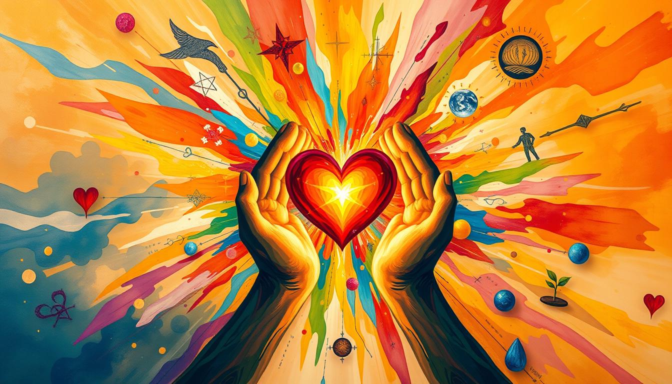 A burst of colorful energy emanating from two hands holding a heart, surrounded by symbols of love, growth, and abundance.