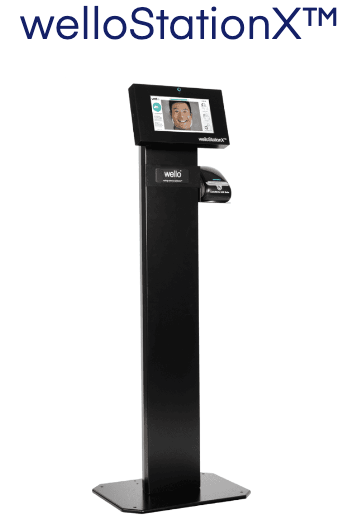 A black electronic kiosk with a screen Description automatically generated