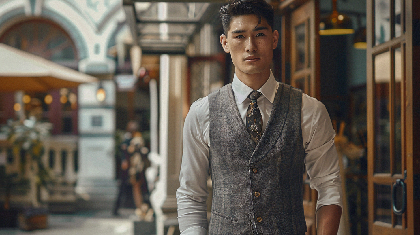 A man dressed in a sharp suit with a well-fitted single-breasted suit vest, showcasing classic yet modern styling. The vest complements a crisp shirt and tie, creating a polished business casual look. He stands confidently in a professional setting, like a business meeting or semi-formal event, exuding sophistication and effortless style. The vest is paired with tailored trousers and accessories like a watch and cufflinks, completing the look.