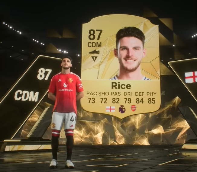 Player walkout in EA FC 25 animation with Rice player card of 87 rating