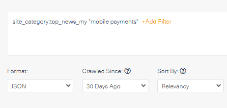 Screenshot from Webz.io’s News API showing the query for articles about mobile payments, filtering for top news websites in Malaysia. 