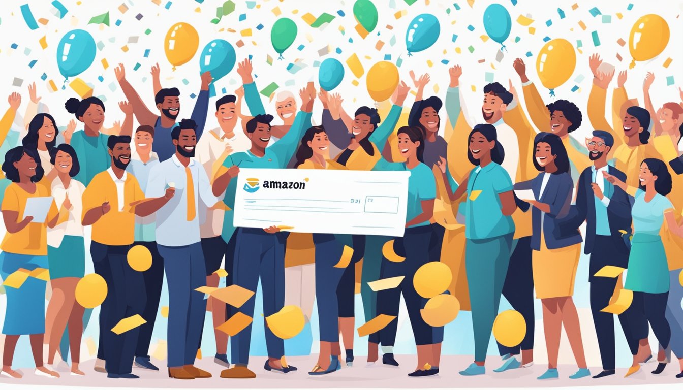 Amazon sellers celebrating with banners and confetti, exchanging high-fives and smiling, while receiving commission checks