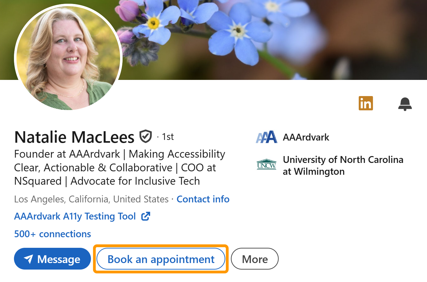 The image is displaying a LinkedIn profile with Book An Appointment button.