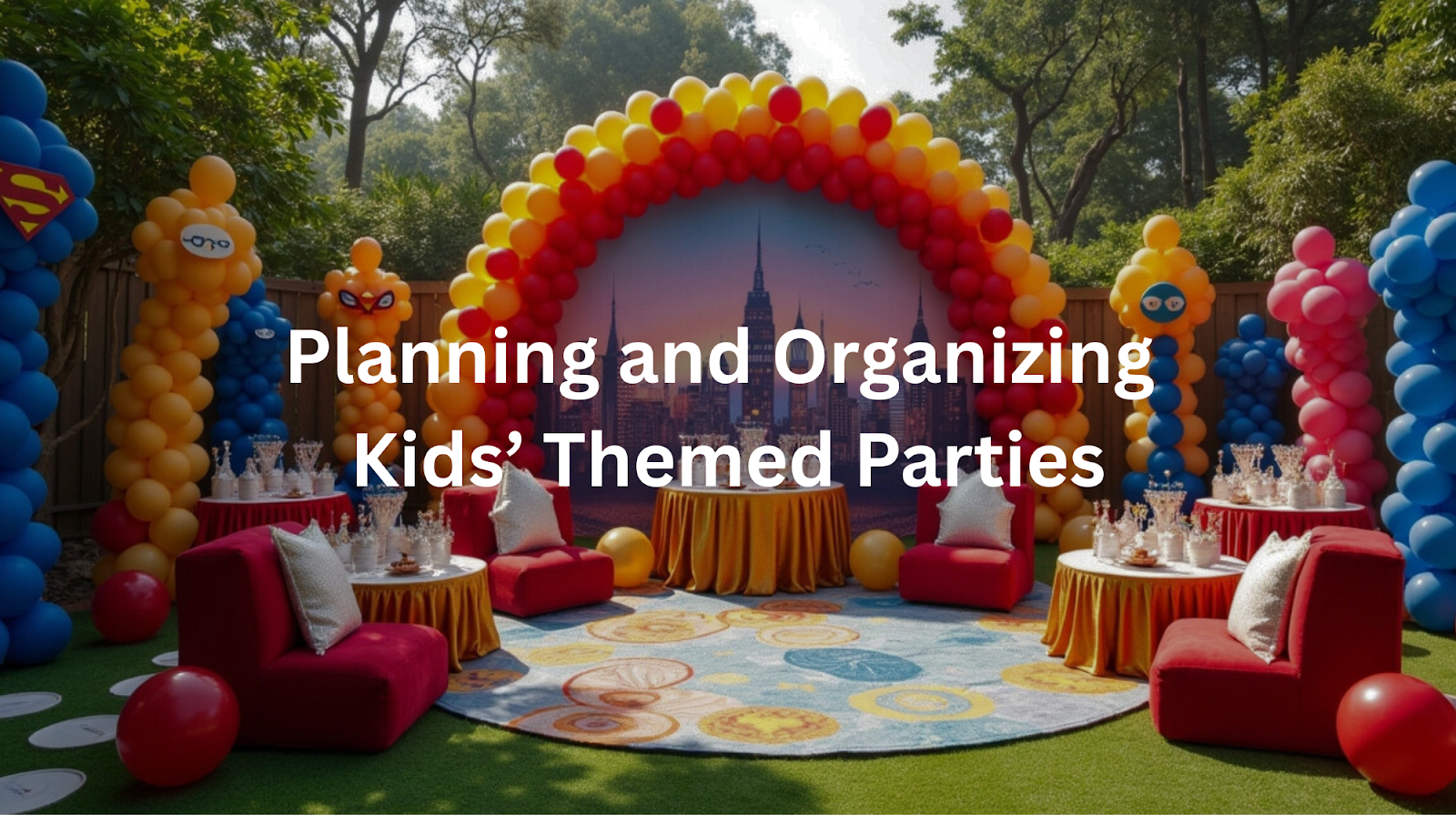 Vibrant superhero-themed party setup in Singapore, featuring a colorful balloon arch, whimsical character displays, and a stunning cityscape backdrop - showcasing an engaging children's celebration theme.
