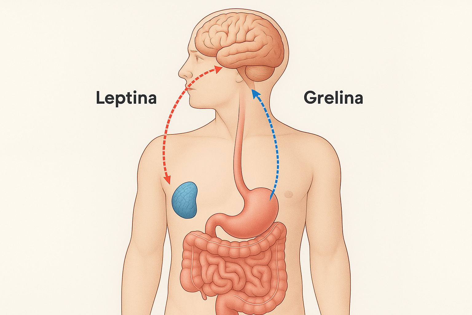 Ilustrație cu rolul leptinei și grelinei în organismul uman - arătând legătura dintre stomac și creier