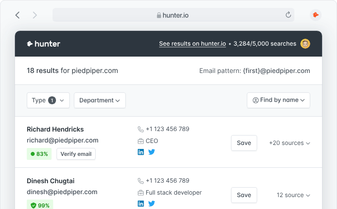 Hunter.io scrapes contact information from your target domain