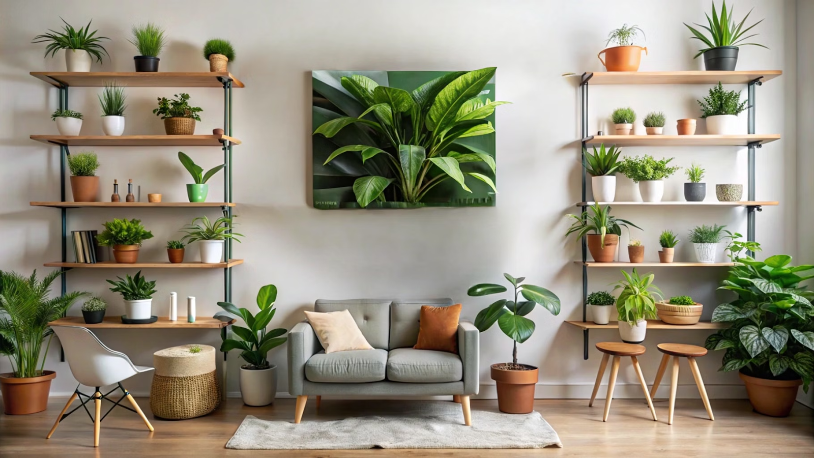 Plantas em diferentes tamanhos em um canto de sala pequena.