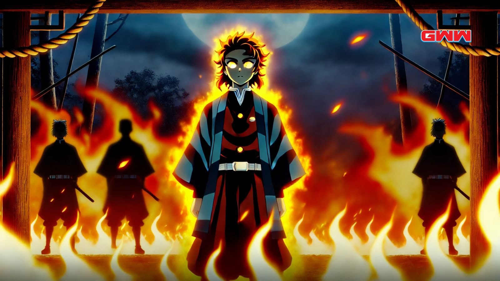 A warrior surrounded by flames, with shadowy figures in the background.