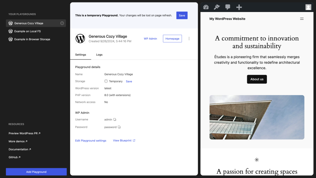 A screenshot of the updated WordPress Playground website