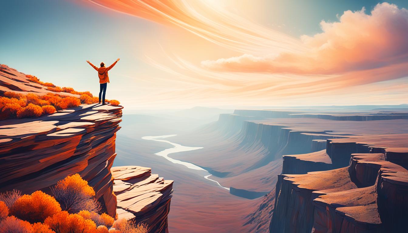 A person standing at the edge of a cliff, looking out at a vast, open landscape. Their hands are open and lifted towards the sky, as if releasing something. The wind is blowing through their hair and clothes, making it clear that they are giving up control and allowing the universe to guide them. The colors are warm and inviting, with hints of orange and pink in the sky. The composition should convey a sense of freedom and openness, with the figure being small in comparison to the vastness of the landscape around them.