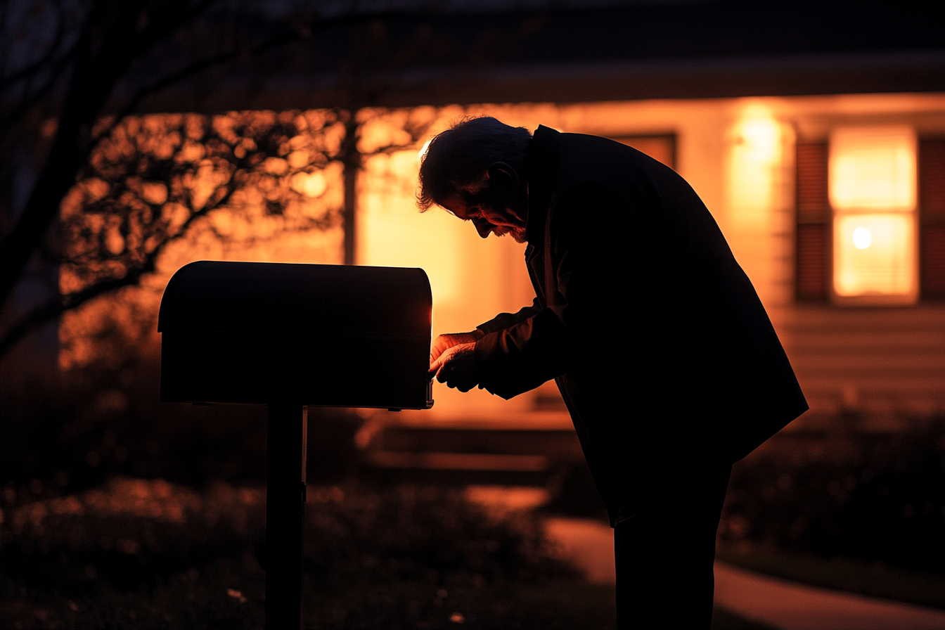 An older man putting something in the mailbox outside a house at night | Source: Midjourney