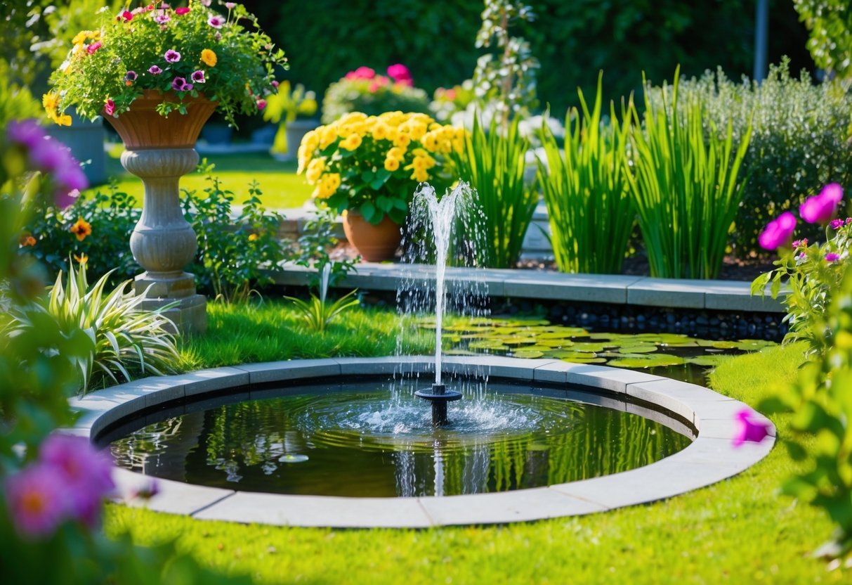 A lush garden with a variety of water features, including a small pond, fountain, and irrigation system. Surrounding the features are vibrant flowers and greenery, creating a peaceful and inviting landscape