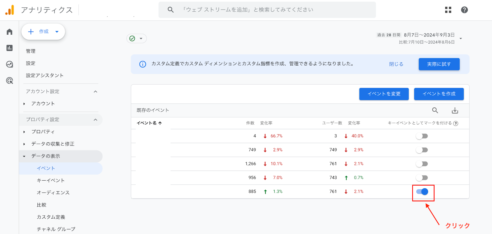GA4　キーイベント（コンバージョン）の設定　イベントをキーイベントとして登録する