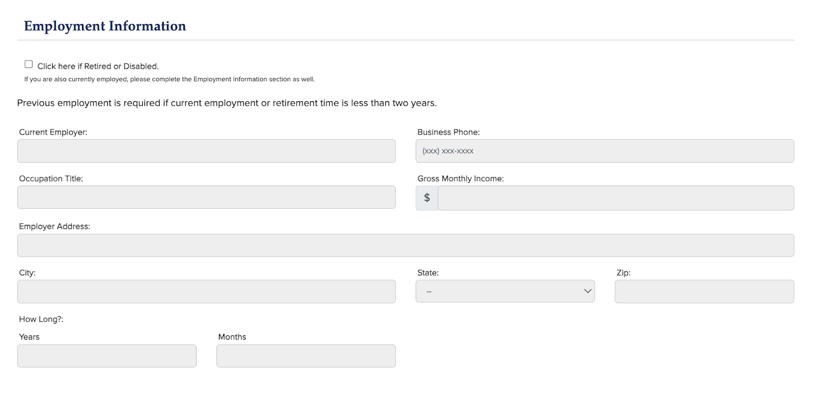 A screenshot of CCL's application showing a box allowing you to stated whether you are retired or disabled