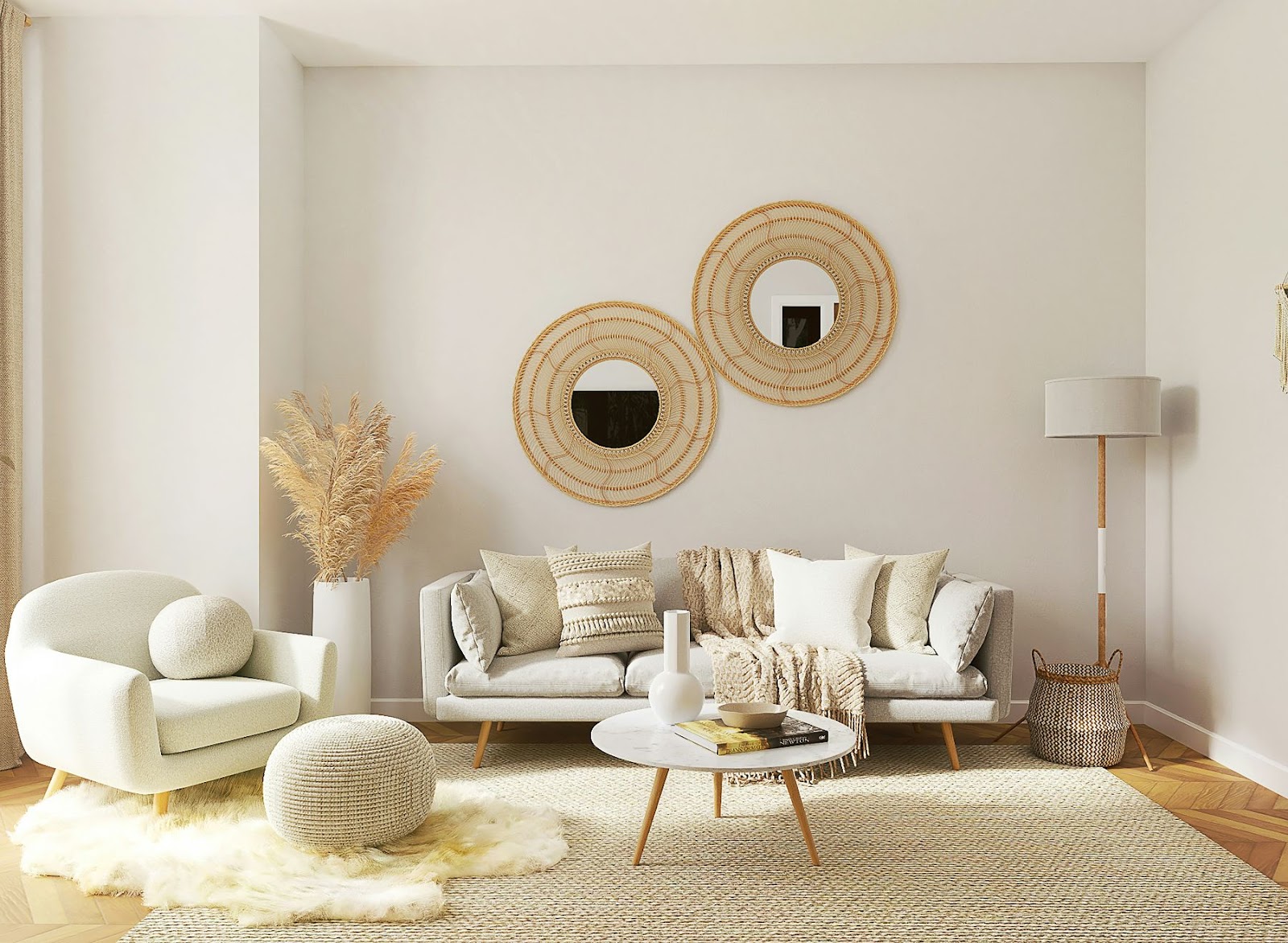 woonkamer met beige en witte meubels en decoratie