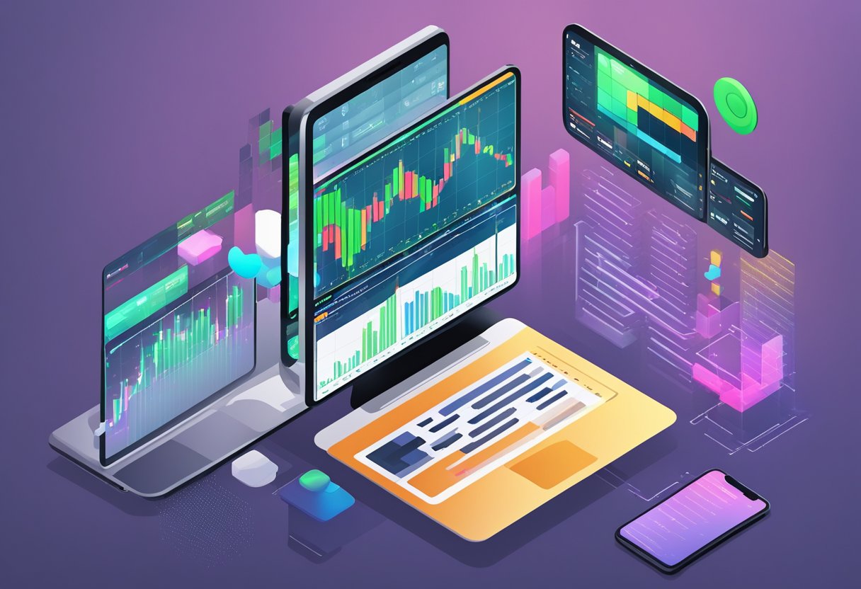 A computer screen displaying stock market charts and data, with a smartphone nearby showing notifications from a top-rated AI stock trading app