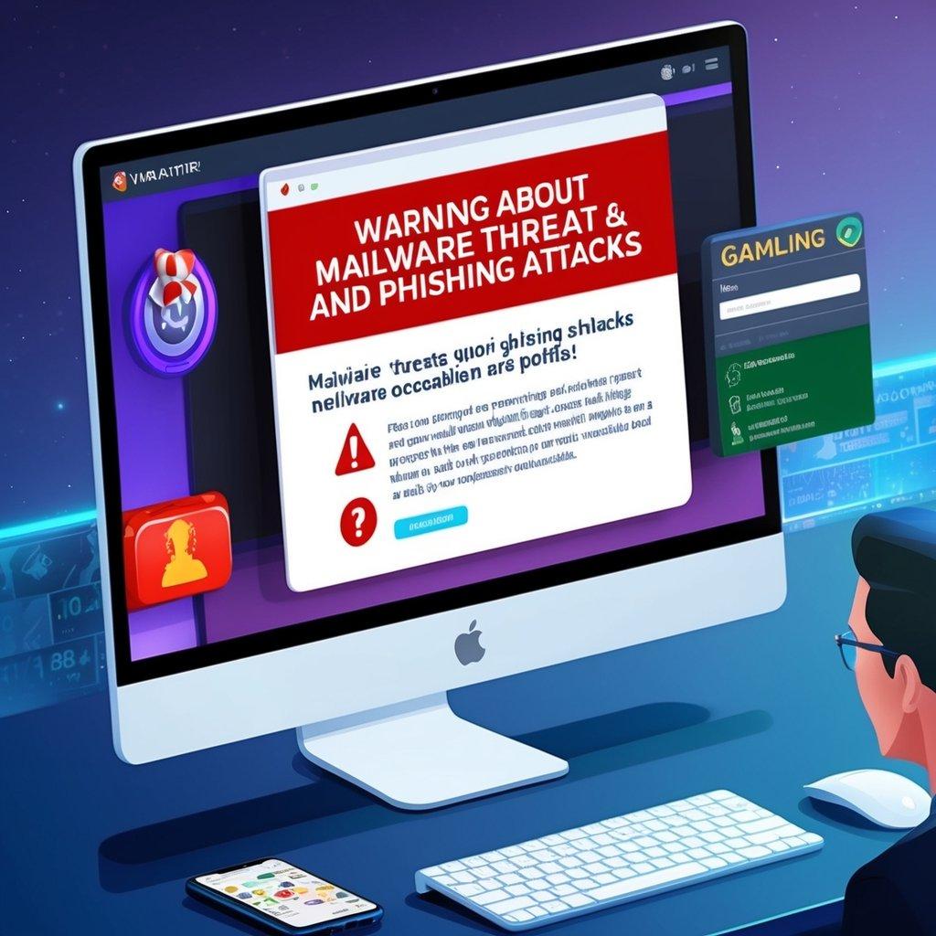 A computer screen displaying a warning pop-up about malware threats and phishing attacks, with a gambling website in the background