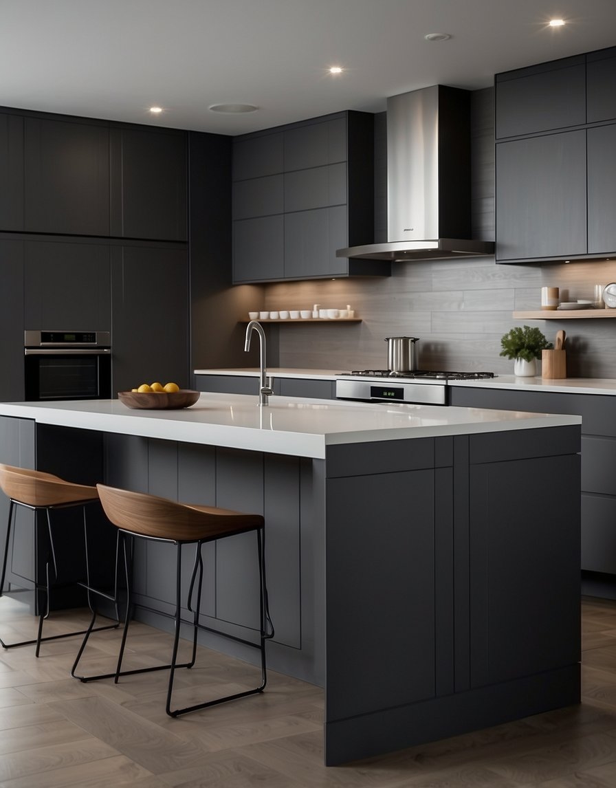 The kitchen cabinets are Nimbus Neutral 32 Dark Gray, sleek and modern, with clean lines and a matte finish