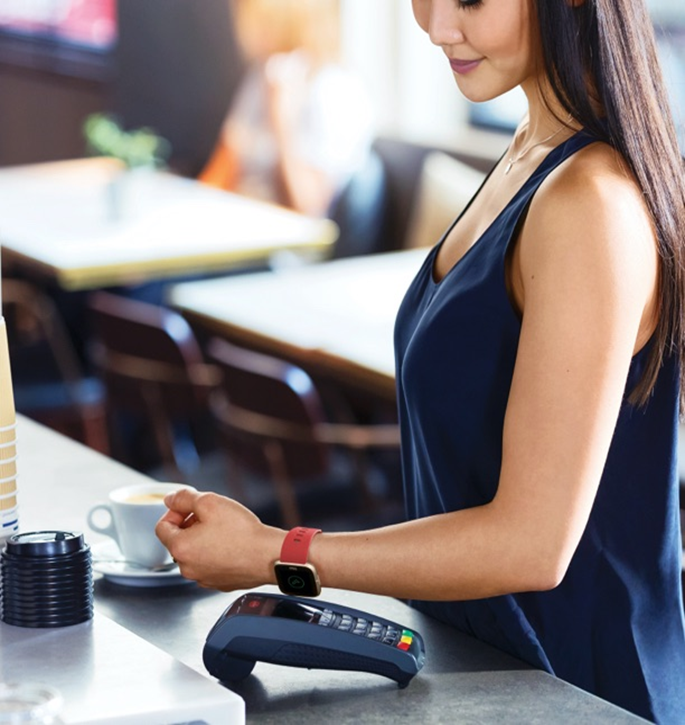 Woman wearing Fitbit Sense 2. Pay from your wrist at all stores that accept contactless payments.