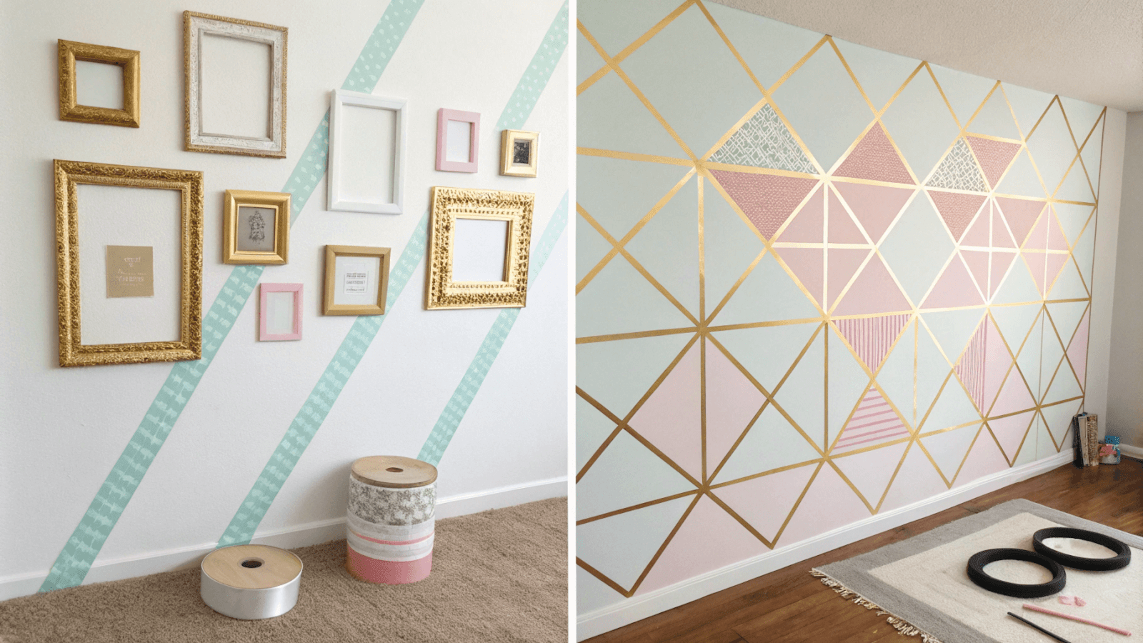 Plain wall with laid-out materials (washi tape, frames, fabric)
After: Completed geometric pattern design in pastel colors