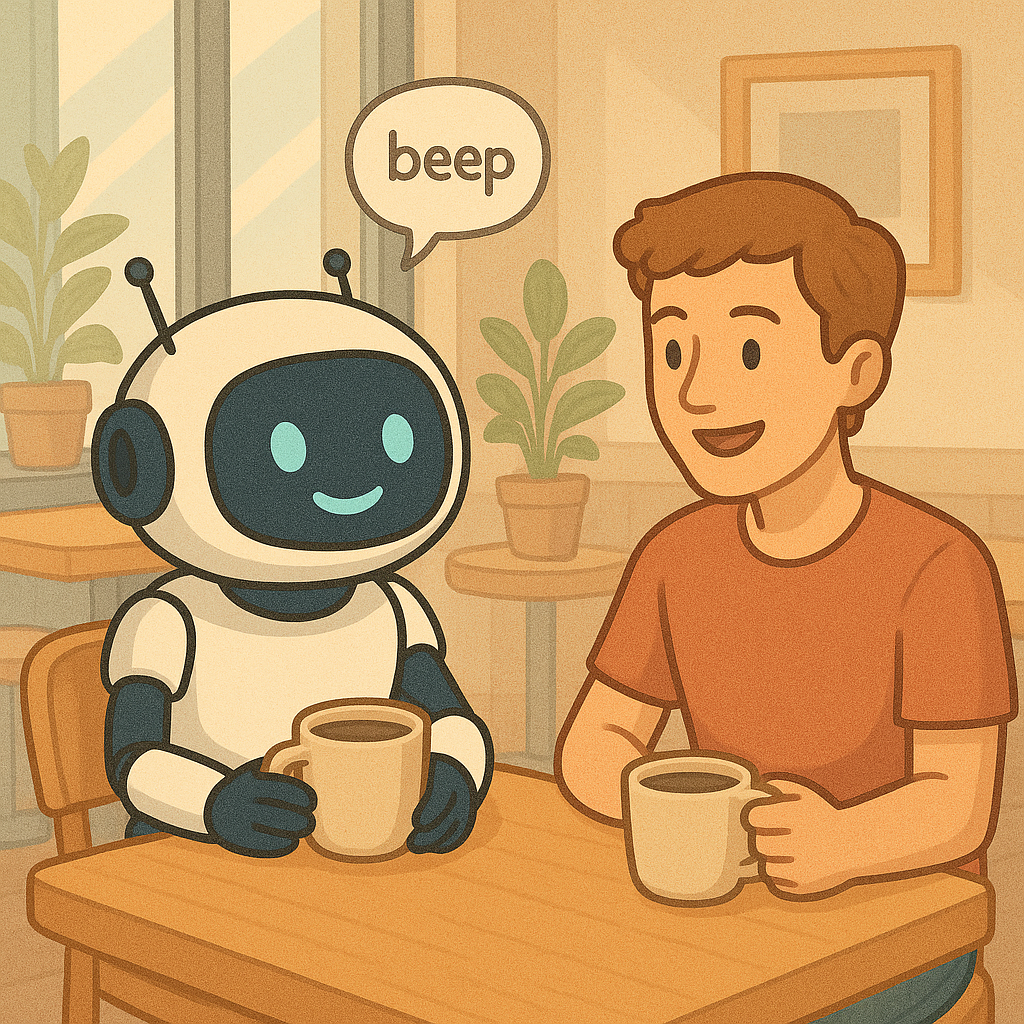 cartoon chatbot talking with cartoon man while sipping coffee