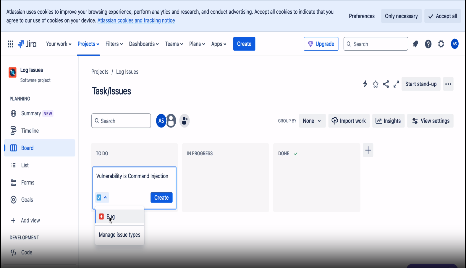 Jira dashboard with task statuses (To Do, In Progress, Done) and issue management options.