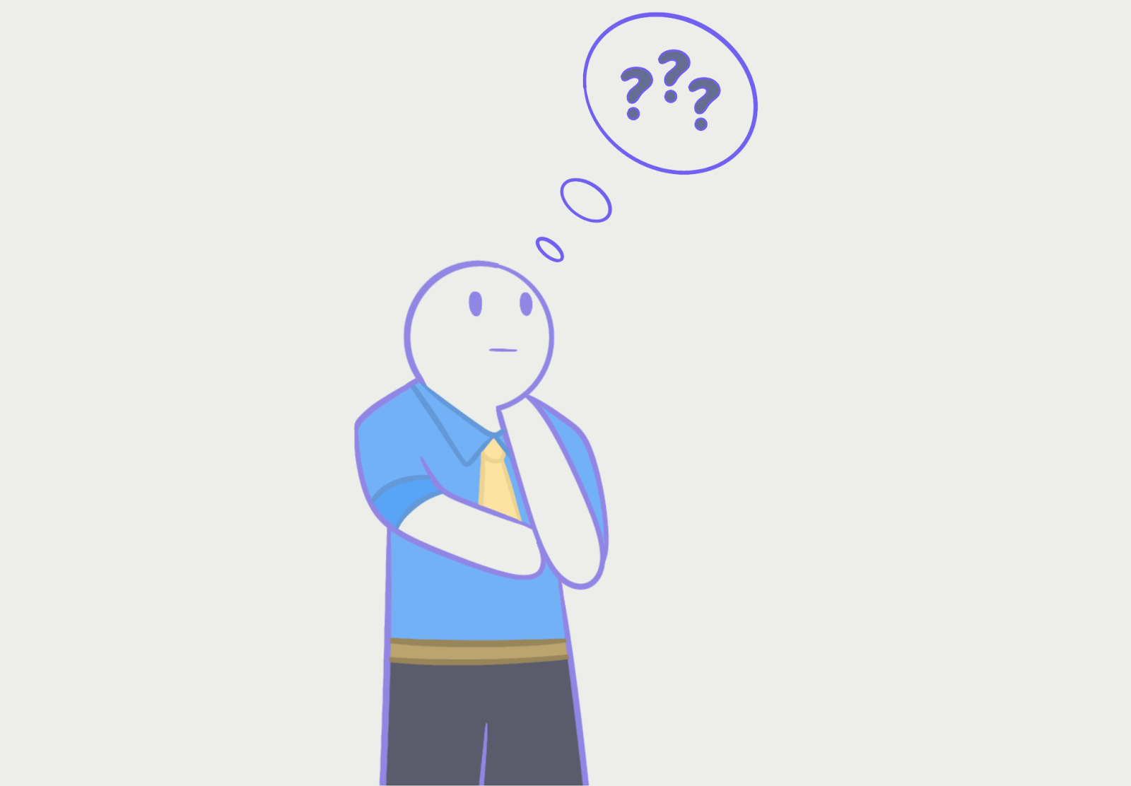 Alt; A cartoon character in business attire thinking with question marks above their head