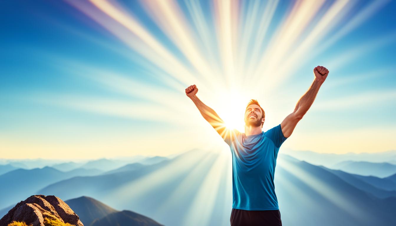 A person standing confidently on a mountain top, with arms raised triumphantly towards the sky, surrounded by bright rays of sunlight, symbolizing their strong and unwavering self-belief.