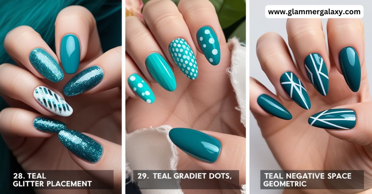 Three images showcasing nail art designs in teal with glitter, dots, and geometric patterns.