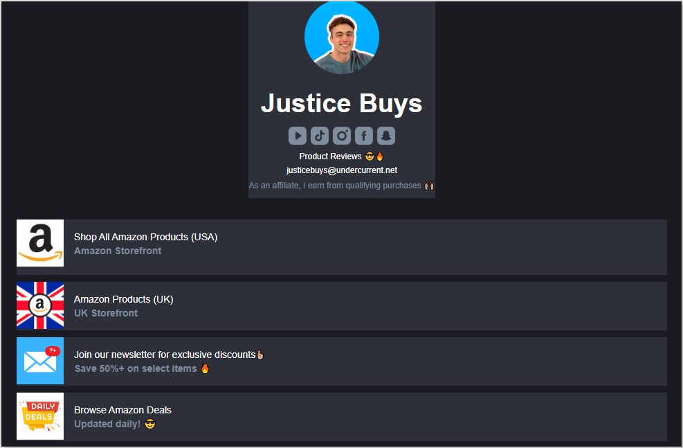 Justice Buys affiliate marketing example