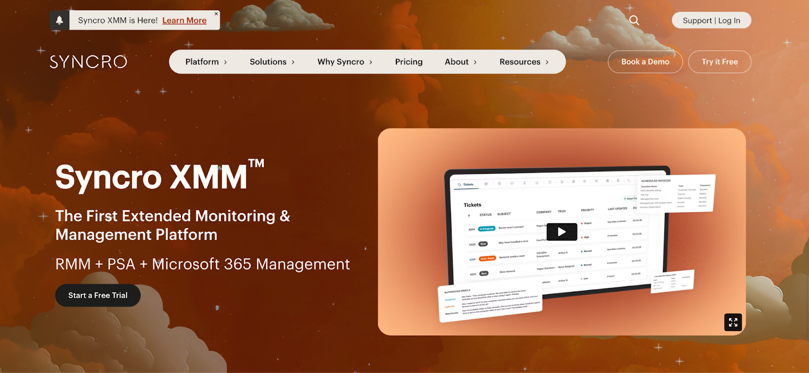 Syncro - Best PSA software for small MSPs. It says, "Syncro XMM - The First Extended Monitoring & Management Platform."